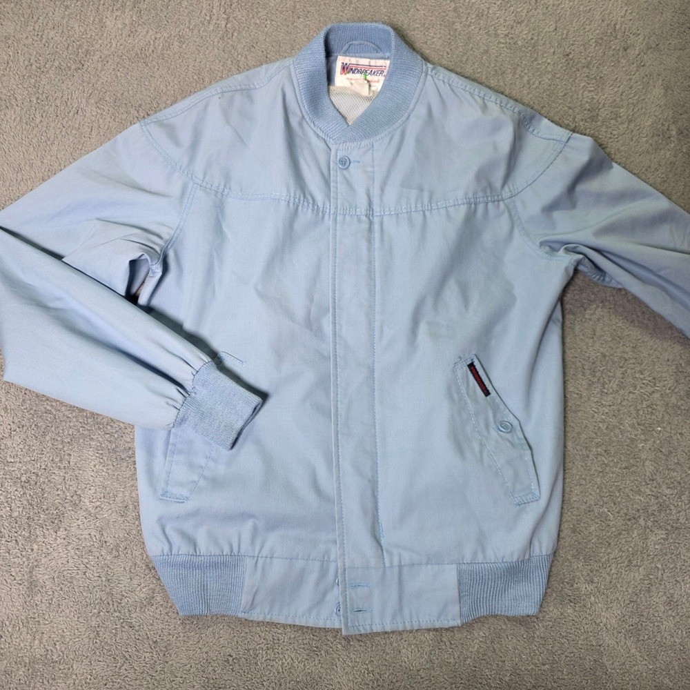 Windbreaker Mens Medium Jacket Light Blue Vintage Bomber Ribbed Knit 3250